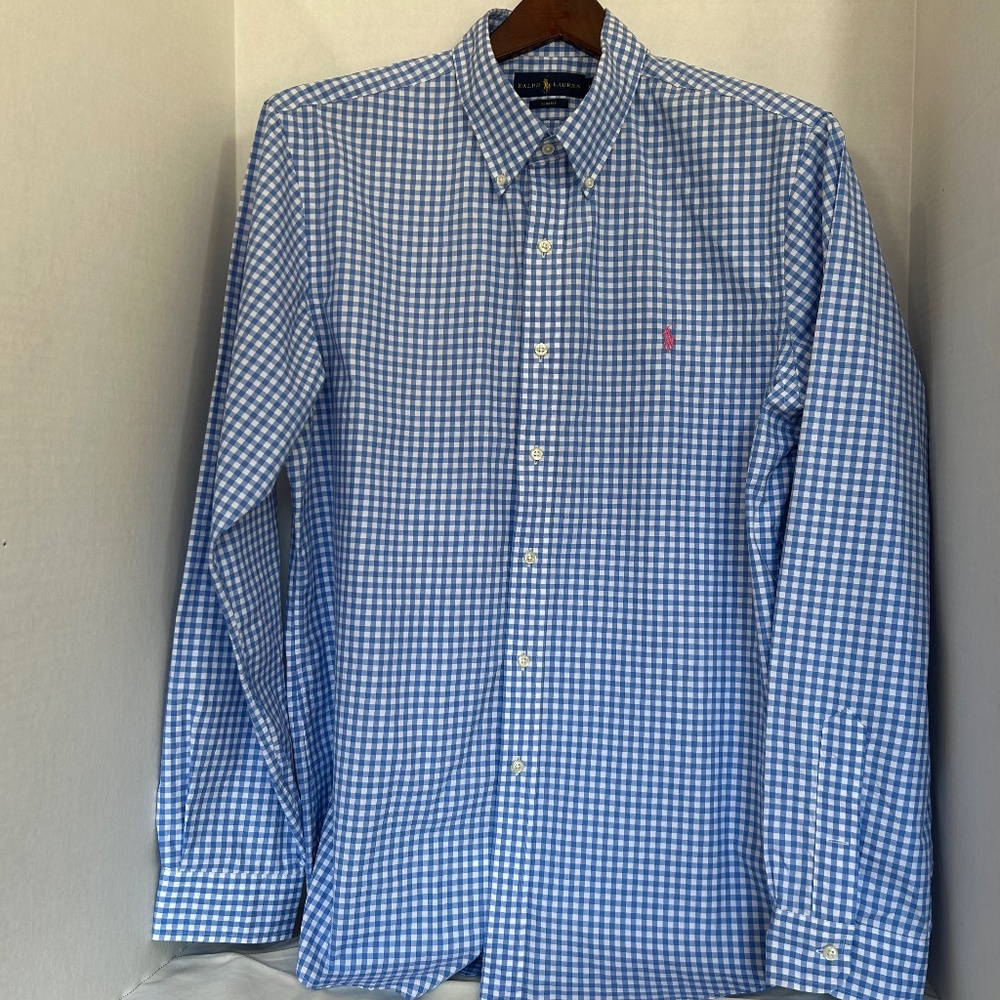 Men’s long sleeve button down,Ralph Lauren, Slim Fit, XL Blue/White Check